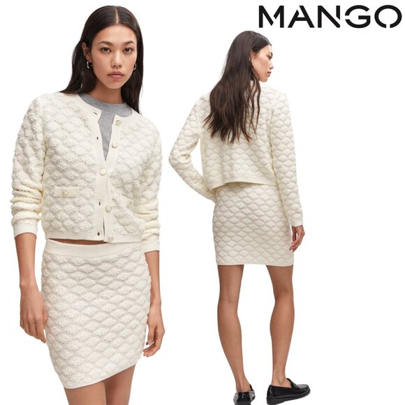 NWT NEW MANGO Spain 2PC Ivory Knit Button-Up Cardigan & Matching Skirt SET 14 - Picture 4 of 10